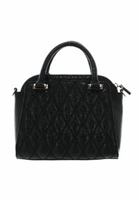 Sac à main noir avec un motif texturé, des anses rondes, des accents en métal doré, une fermeture zippée et une forme rectangulaire structurée.