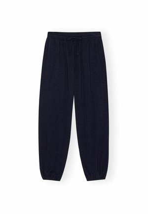 Pantaloni jogger blu navy con vita elasticizzata, cordoncino, tasche laterali e polsini elasticizzati su sfondo bianco.