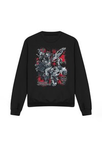 Black sweatshirt featuring a graphic print of Transformers characters in gray and red, with a round neck and ribbed cuffs.