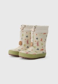 Bottes imperméables avec un corps beige clair comportant des motifs d'insectes colorés, une semelle en caoutchouc verte et un cordon de serrage pour un ajustement en haut.