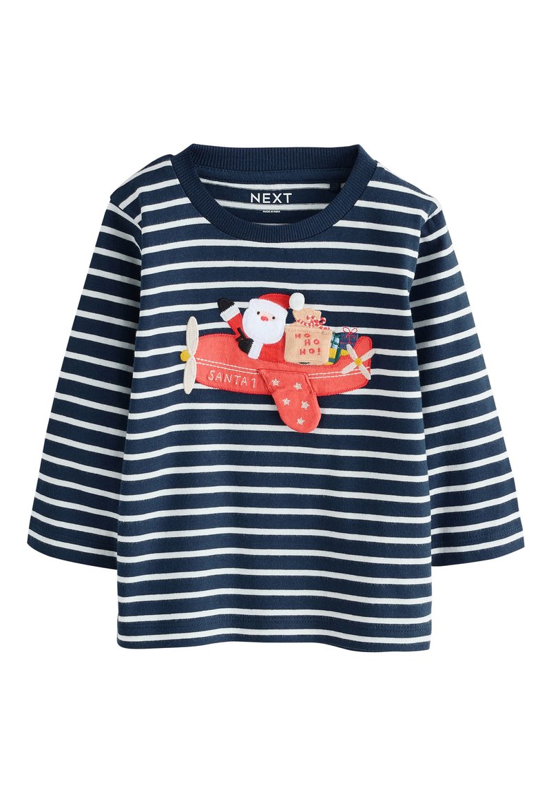 Navyblå og hvidstribet langærmet skjorte med broderet julemand i et rødt fly, med gaver og "SANTA 1" detalje på flyet.