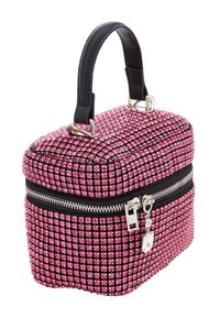 Borsa a tracolla rosa con una zip nera, coperta di scintillanti strass. Presenta una forma arrotondata e una maniglia corta per il trasporto.