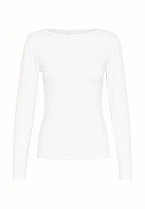 Valge pika varrukaga särk ümmarguse kaelusega, valmistatud sileda kangaga, millel on läikivad varrukad ja voolujooneline siluett.