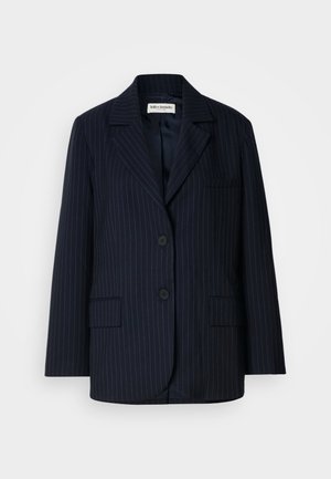 Navy blue blazer with white pinstripes, single-breasted design, notched collar, two front pockets, and two-button closure. Smooth fabric texture.