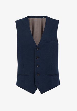 Gilet blu navy con tessuto strutturato, cinque bottoni marroni, due tasche anteriori e colletto con impunture. Interno foderato di un colore più chiaro.