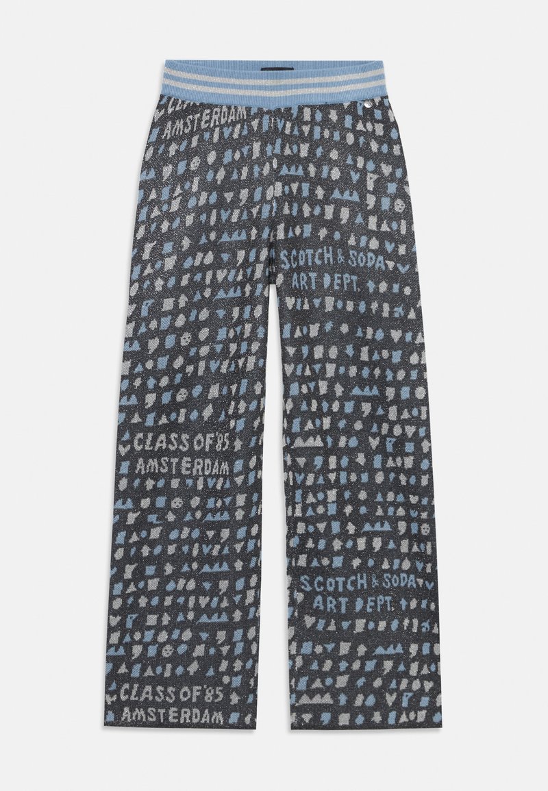 Blue and gray patterned wide-leg pants with a ribbed striped waistband, featuring geometric shapes and text detailing. Made from soft fabric.