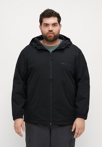 Black hooded jacket with a zip front, elastic cuffs, and a matte finish. Features a logo on the chest and a lined hood.