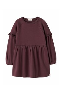 Abito lungo a maniche lunghe color bordeaux con un dettaglio arricciato sulle maniche, un corpino aderente e una gonna svasata. Realizzato in tessuto morbido con una texture liscia.