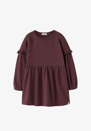 Bordeauxfarbenes langärmliches Kleid mit rüschendekorierten Ärmeln, einem taillierten Oberteil und einem ausgestellten Rock. Hergestellt aus weichem Stoff mit einer glatten Textur.