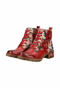 Stivali alla caviglia in pelle rossa con tessuto floreale, lacci rossi, cerniera laterale, applicazioni decorative a forma di fiore rosso e tacco basso decorato.