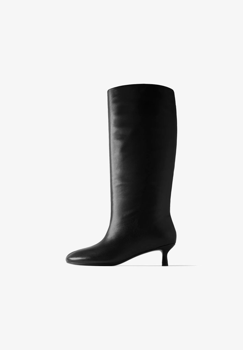 Botte noire en cuir mi-mollet avec un bout pointu et un petit talon bas, vue de côté sur fond blanc.