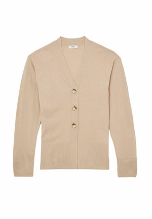 Beige V-kauluksen neulejakku, jossa on pitkät hihat, kolme suurta nappia sekä ribbikuvioinnit hihoissa ja helmassa.