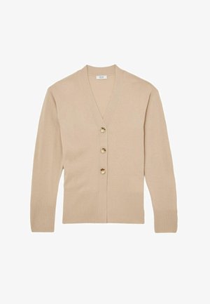 Cardigan beige a V con maniche lunghe, tre grandi bottoni e polsini e orlo a costine.