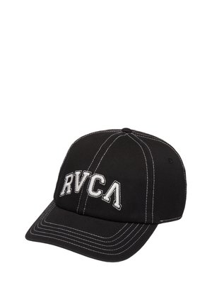 Zwarte baseballpet met witte contraststiksels en "RVCA" in wit geborduurd op het voorpaneel.