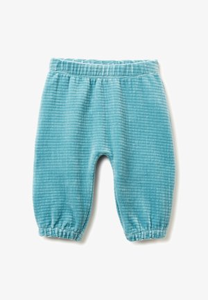 Lichtblauwe corduroy broek met een ribbelstructuur, elastische tailleband en opgebouwde manchetten bij de enkels. Geen zakken of extra versieringen.