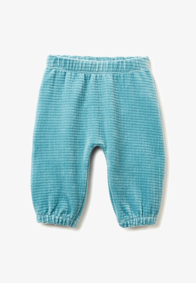 Pantalones de pana azul claro con textura acanalada, cinturilla elástica y puños fruncidos en los tobillos. Sin bolsillos ni adornos adicionales.