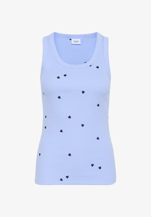 Hele sinine tank top ribblikangas, millel on hajutatud väikesed mustad südamemustrid. Ümar kaelus ja sihvakas siluett.