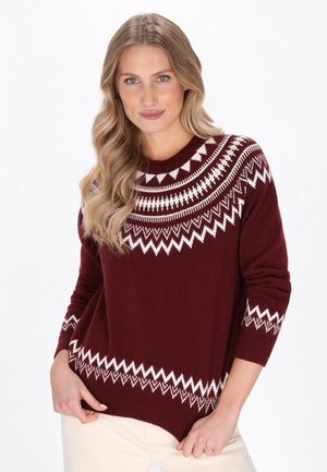 Burgunderfarbener Strickpullover mit einem weißen geometrischen Muster an der Passe und den Ärmeln. Hat einen Rundhalsausschnitt und eine lockere Passform.