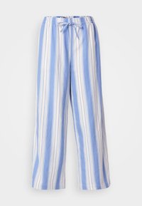 Lätta, blåvita randiga byxor med vida ben, elastisk midja och dragsnöre. Slät tygtextur, avslappnad passform och andningsbar design.