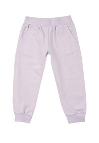Pantalons de survêtement lilas avec une taille élastique, des poches latérales et des poignets ajustés. Fabriqués en tissu doux et léger avec une texture lisse.