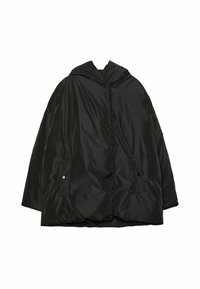 Schwarze gepolsterte Jacke aus Nylon. Verfügt über eine Kapuze, vordere Druckknopftaschen und einen geraden Schnitt. Glatte Textur mit glänzender Oberfläche.