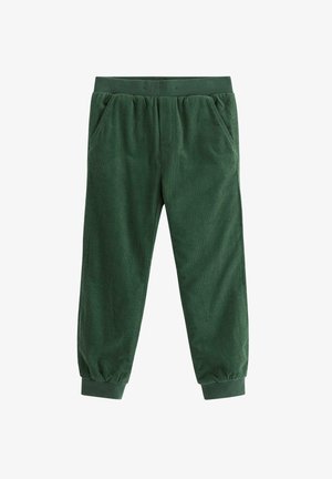 Pantalons en velours côtelé verts avec taille élastique, deux poches latérales et poignets élastiques. Texture douce avec un motif de nervures verticales.