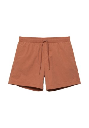 Męskie spodenki kąpielowe w kolorze rdzawym, z elastycznym pasem i regulowanym sznurkiem, wykonane z lekkiego materiału.