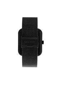 Orologio in rete nera con cassa rettangolare, dotato di un cinturino testurizzato e di una manopola lateralmente. Il nome del marchio "SECTOR" è visibile sulla chiusura.