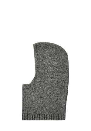 Grå strikket balaclava med en blød tekstur, der har en rund top og en åbning til ansigtet, samt ribbet kant i bunden.