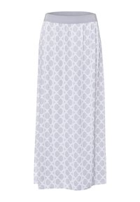 Lange, witte rok met een groot, overlappend cirkelpatroon in lichtgrijs. Elastische tailleband en een gladde, vloeiende stoftextuur.