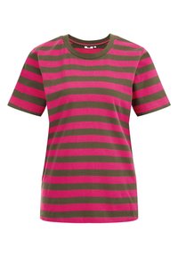 Grön och rosa randig T-shirt, kort ärm, rund halsringning, tillverkad av bomull, med horisontella ränder i varierande bredd.