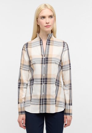 Hemd aus leichtem Stoff mit einem karierten Muster in Beige, Marineblau und Grau, mit einem hohen Kragen und Knopfleiste.