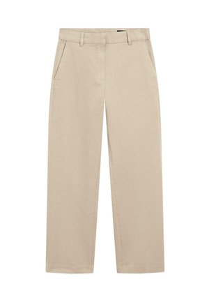 Chinos beige realizzati in twill di cotone, caratterizzati da un design a gamba dritta, due tasche anteriori e una chiusura con zip. Texture liscia con dettagli minimi.