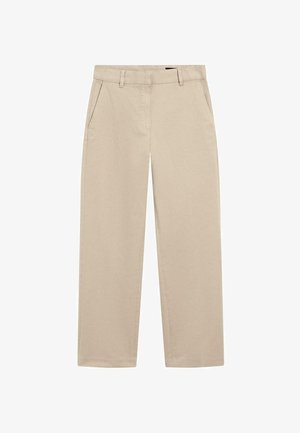 Chinos beige en toile de coton, présentant un design à jambe droite, deux poches avant et une fermeture éclair. Texture lisse avec un minimum de détails.