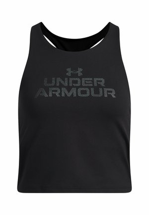 Black sports bra featuring a solid design, racerback cut, and prominent "UNDER ARMOUR" logo in silver dots on the front.