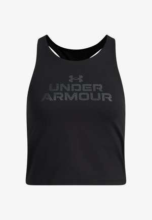 Schwarzer Sport-BH mit solidem Design, Racerback-Schnitt und auffälligem "UNDER ARMOUR"-Logo aus silbernen Punkten auf der Vorderseite.