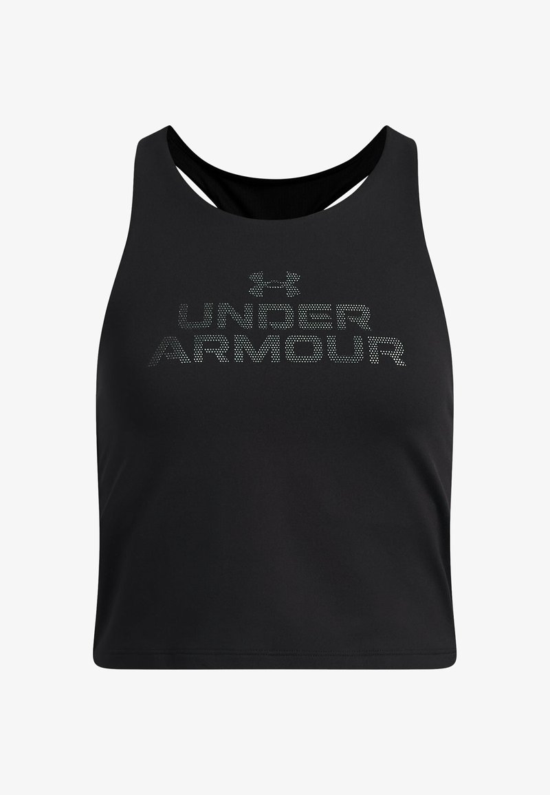 Schwarzer Sport-BH mit solidem Design, Racerback-Schnitt und auffälligem "UNDER ARMOUR"-Logo aus silbernen Punkten auf der Vorderseite.