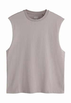 Débardeur en coton gris clair sans manches avec larges emmanchures et encolure ronde, taille moyenne, coupe régulière de la marque NEXT.