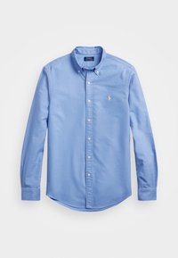Light blue long-sleeve button-down shirt with collar, white buttons, and small yellow embroidered logo on the left chest.