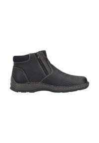Schwarze Lederstiefeletten mit strukturiertem Finish, ausgestattet mit doppelten seitlichen Reißverschlüssen und kontrastierenden Nähten, montiert auf einer flexiblen Gummisohle.