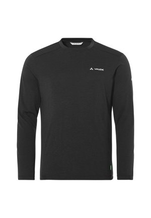Black long-sleeve shirt made from soft fabric. Features a round neckline and subtle logo on the chest. Simple, sleek design with fitted sleeves.