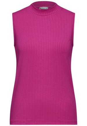 Ärmelloses magentafarbenes Oberteil aus geripptem Stoff, mit hohem Kragen und taillierter Passform, das eine glatte Textur ohne sichtbare Muster aufweist.