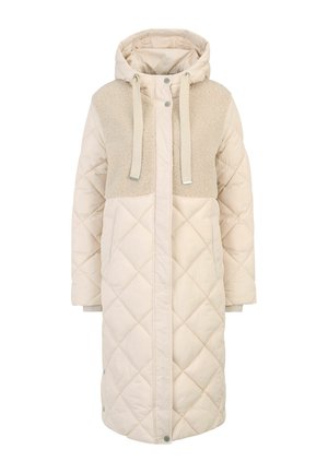 Langer, beiger, gesteppten Mantel mit Kapuze, Fleece-Oberteil, Fronttaschen, Druckknöpfen und Zugbändern an der Kapuze.