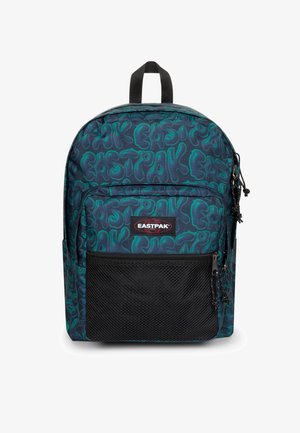 Dunkelblauer Rucksack mit grünen spiralförmigen Mustern, ausgestattet mit einer schwarzen Mesh-Fronttasche. Enthält einen Griff an der Oberseite und verstellbare Träger.