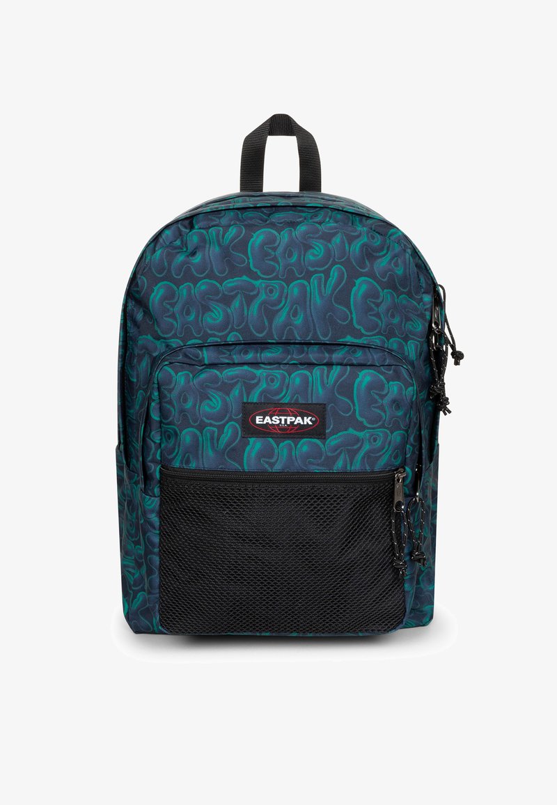 Czarnorubinowy plecak z niebieskimi ciemnymi swirującymi wzorami, z czarną siatkową kieszenią z przodu. Posiada uchwyt u góry i regulowane szelki.