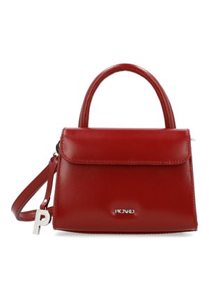 Rød læderhåndtaske med tophåndtag, aftagelig skulderrem og sølv "PICARD" logo på frontklap.