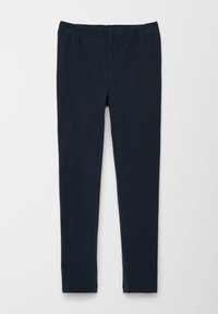 Navy blauwe legging gemaakt van zachte, rekbare stof; heeft een elastische tailleband en taps toelopende benen zonder zichtbare naden of patronen.