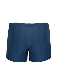 Shorts de bain bleu marine avec une texture lisse, présentant une coupe ajustée et un motif subtil en nid d'abeille sur tout le tissu.