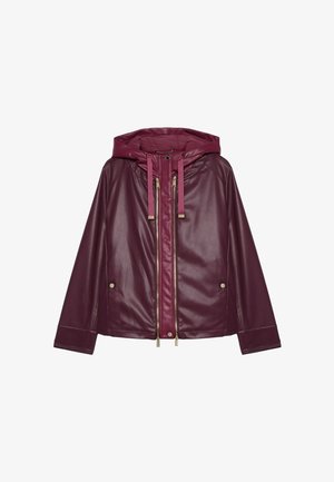 Burgundy leather jacket with a hood, featuring two zippered front pockets and drawstrings at the neck. Smooth texture with metallic hardware accents.