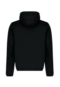 Giacca nera con cappuccio, dal tessuto liscio, con polsini elastici e una vita elasticizzata. Presenta cuciture piatte e un design semplice e minimalista.